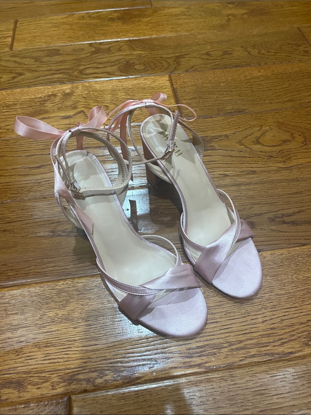 Satin Ankle-Tie Block Heel Sandals - Pink